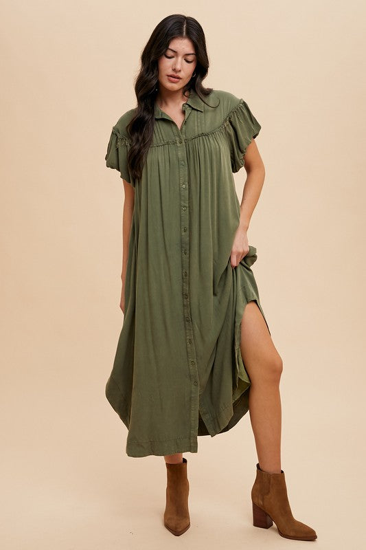 Robe chemise boutonnée à manches bouffantes délavée pour femmes – Robe boutonnée fluide et tendance avec manches bouffantes, délavée pour un look chic sans effort