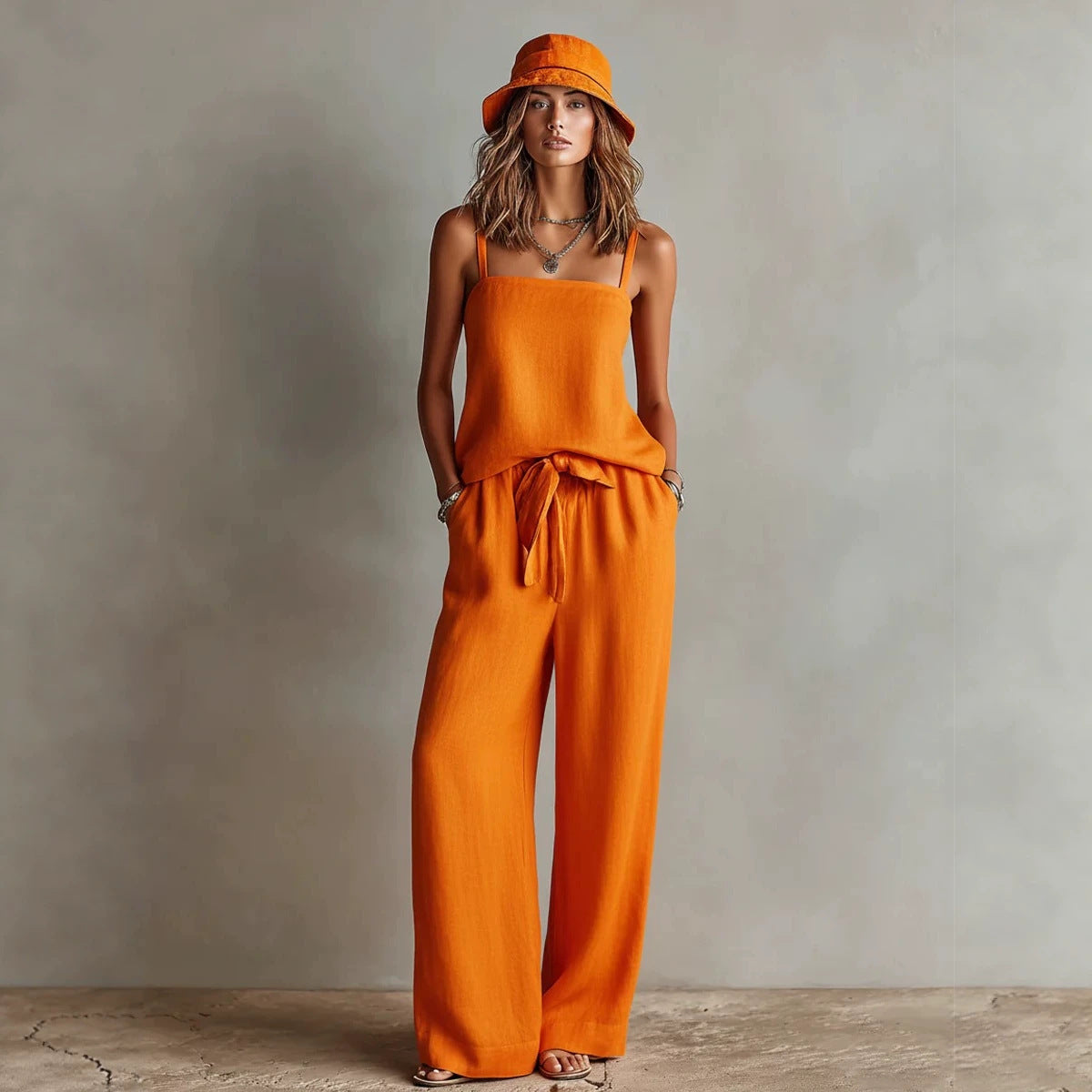 Ensemble deux pièces caraco à fines bretelles et pantalon ample pour femme