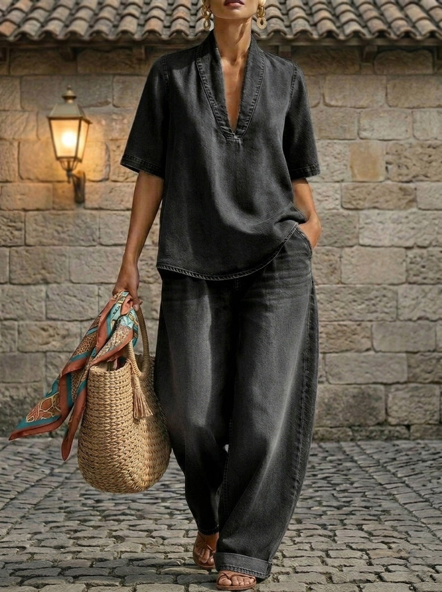 Ensemble haut col en V et pantalon large en jean délavé style rétro – 3 coloris, du S au 3XL