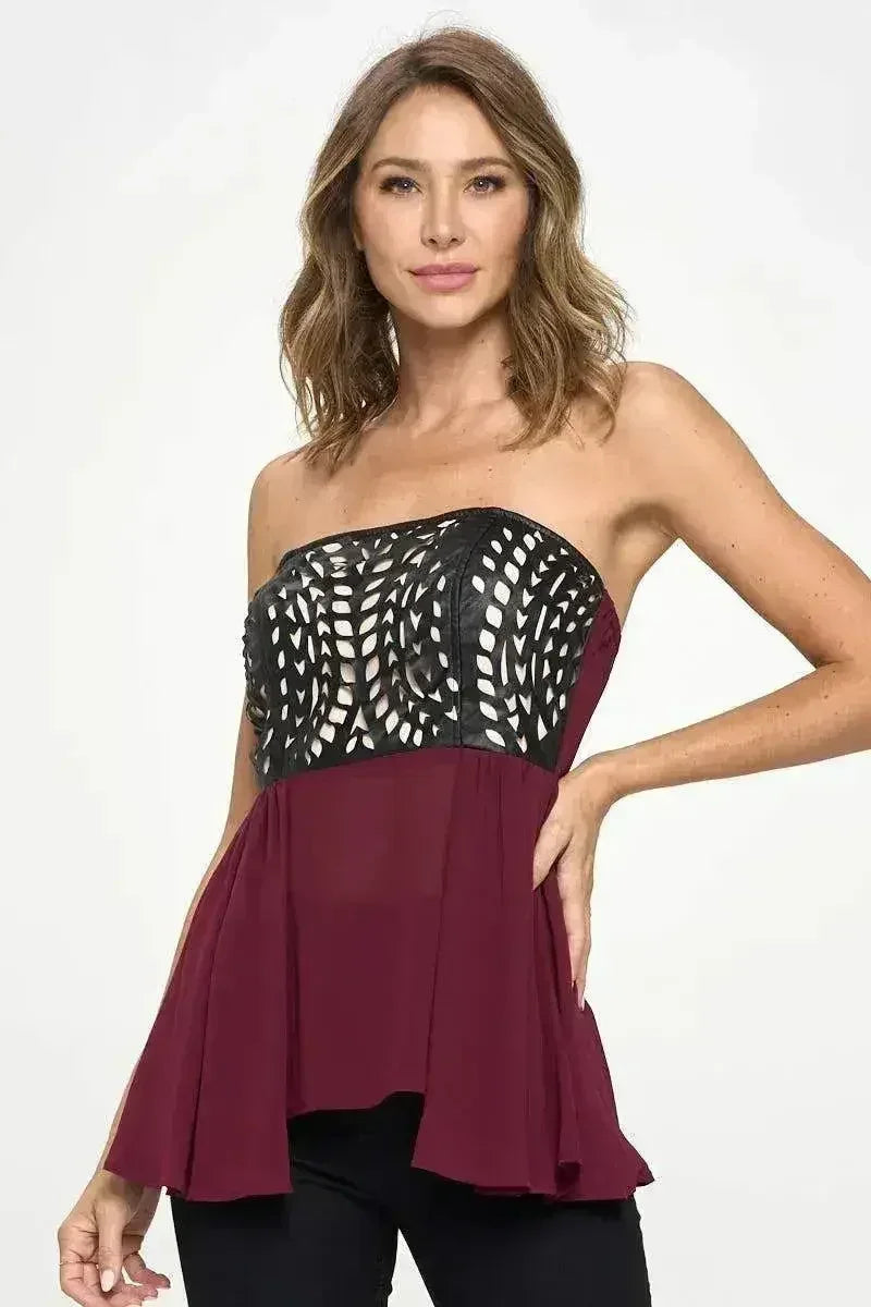 Haut sans bretelles péplum découpé au laser - Haut bustier chic à blocs de couleurs | Femstylo