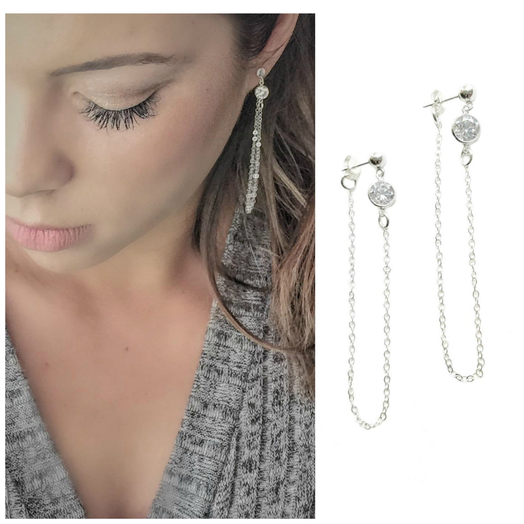 Boucles d'oreilles pendantes en argent sterling avec zircon cubique – Boucles d'oreilles modernes à maillons entrelacés