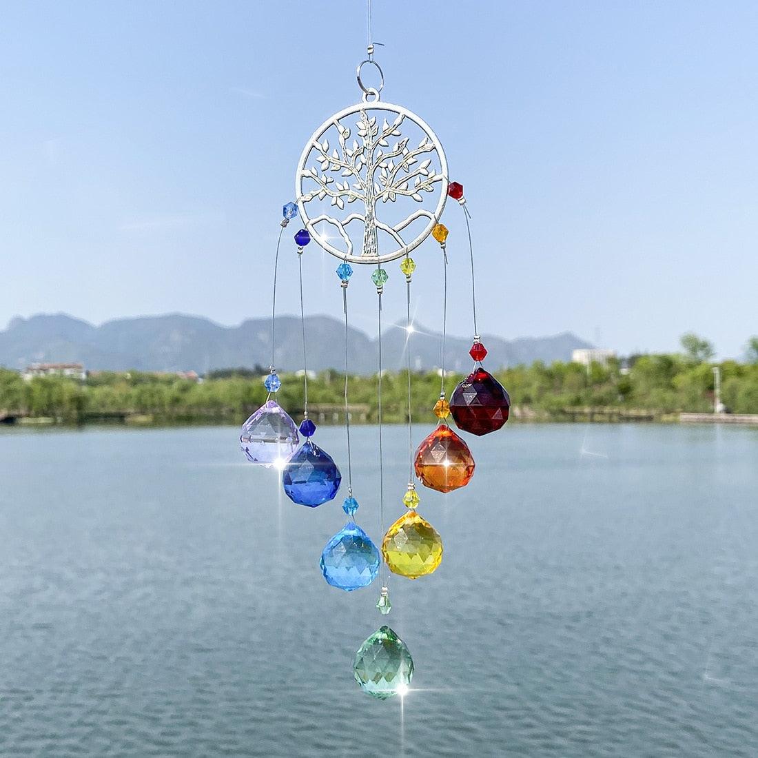 Carillon éolien en lustre avec revêtement AB, prismes en cristal, capteur de soleil suspendu, attrape-arc-en-ciel, prismes en boule de cristal, pendentif pour rideaux de fenêtre, décoration intérieure, cadeaux pour jardin, patio, cour.