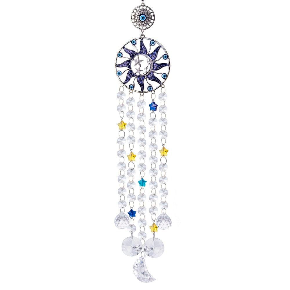 Carillon éolien en forme de lustre, œil turc bleu contre le mauvais œil, lune, soleil, étoile, attrape-soleil, carillon éolien, tenture murale, prismes de cristal, pendentif, décoration intérieure, cadeaux, bénédiction, protection.