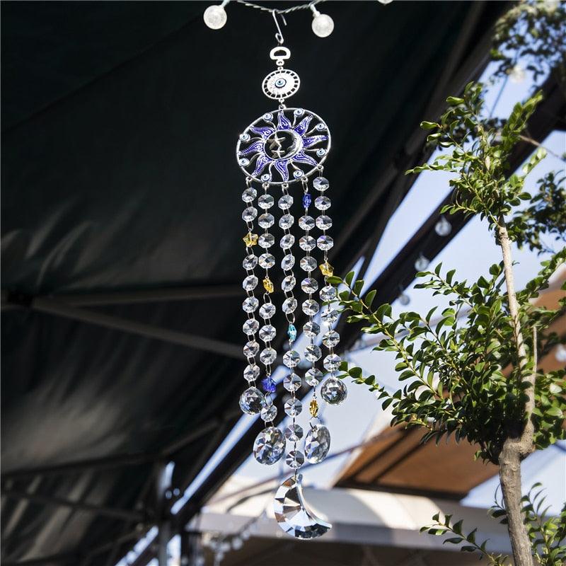 Carillon éolien en forme de lustre, œil turc bleu contre le mauvais œil, lune, soleil, étoile, attrape-soleil, carillon éolien, tenture murale, prismes de cristal, pendentif, décoration intérieure, cadeaux, bénédiction, protection.