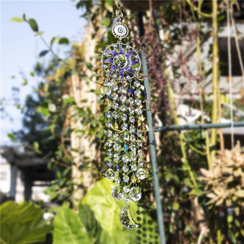 Carillon éolien en forme de lustre, œil turc bleu contre le mauvais œil, lune, soleil, étoile, attrape-soleil, carillon éolien, tenture murale, prismes de cristal, pendentif, décoration intérieure, cadeaux, bénédiction, protection.
