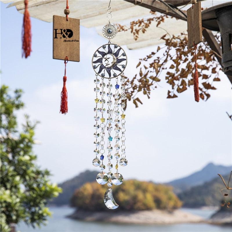 Carillon éolien en forme de lustre, œil turc bleu contre le mauvais œil, lune, soleil, étoile, attrape-soleil, carillon éolien, tenture murale, prismes de cristal, pendentif, décoration intérieure, cadeaux, bénédiction, protection.