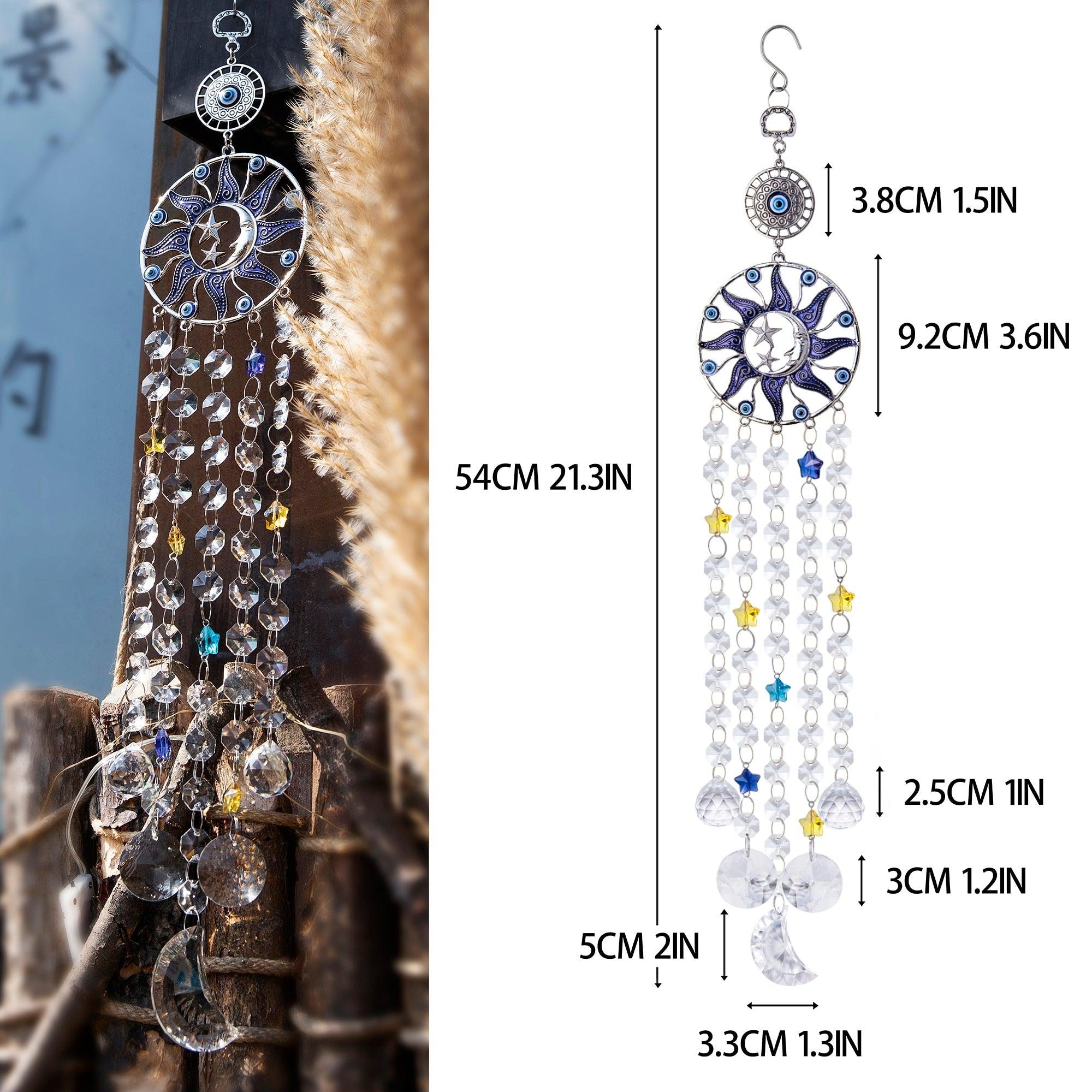 Carillon éolien en forme de lustre, œil turc bleu contre le mauvais œil, lune, soleil, étoile, attrape-soleil, carillon éolien, tenture murale, prismes de cristal, pendentif, décoration intérieure, cadeaux, bénédiction, protection.