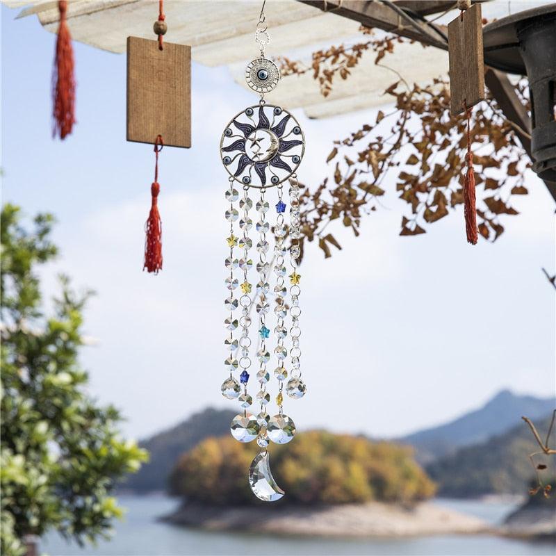 Carillon éolien en forme de lustre, œil turc bleu contre le mauvais œil, lune, soleil, étoile, attrape-soleil, carillon éolien, tenture murale, prismes de cristal, pendentif, décoration intérieure, cadeaux, bénédiction, protection.