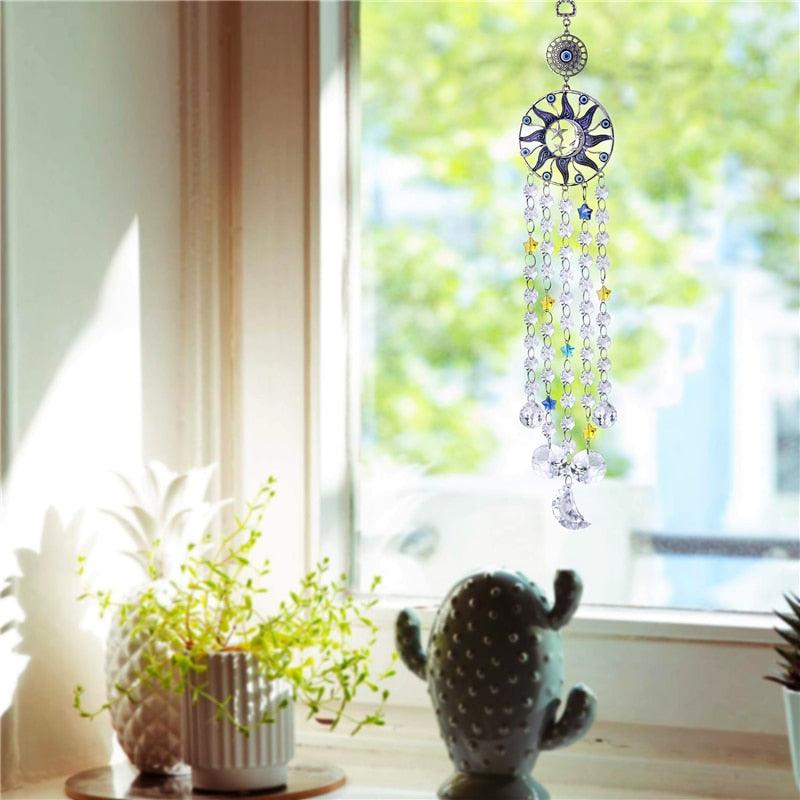Carillon éolien en forme de lustre, œil turc bleu contre le mauvais œil, lune, soleil, étoile, attrape-soleil, carillon éolien, tenture murale, prismes de cristal, pendentif, décoration intérieure, cadeaux, bénédiction, protection.