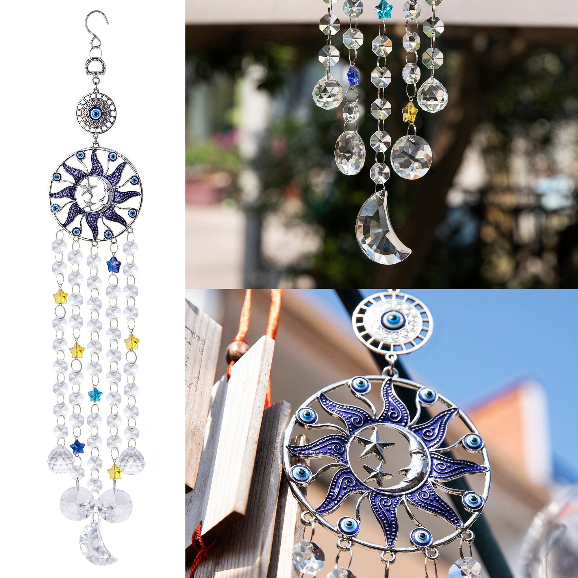 Carillon éolien en forme de lustre, œil turc bleu contre le mauvais œil, lune, soleil, étoile, attrape-soleil, carillon éolien, tenture murale, prismes de cristal, pendentif, décoration intérieure, cadeaux, bénédiction, protection.
