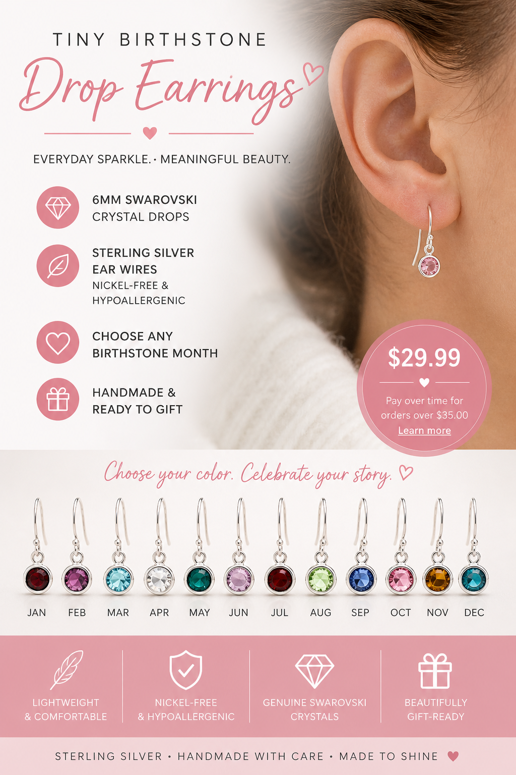 Minuscules boucles d'oreilles pendantes en argent sterling avec pierre de naissance – Cristaux Swarovski de 6 mm