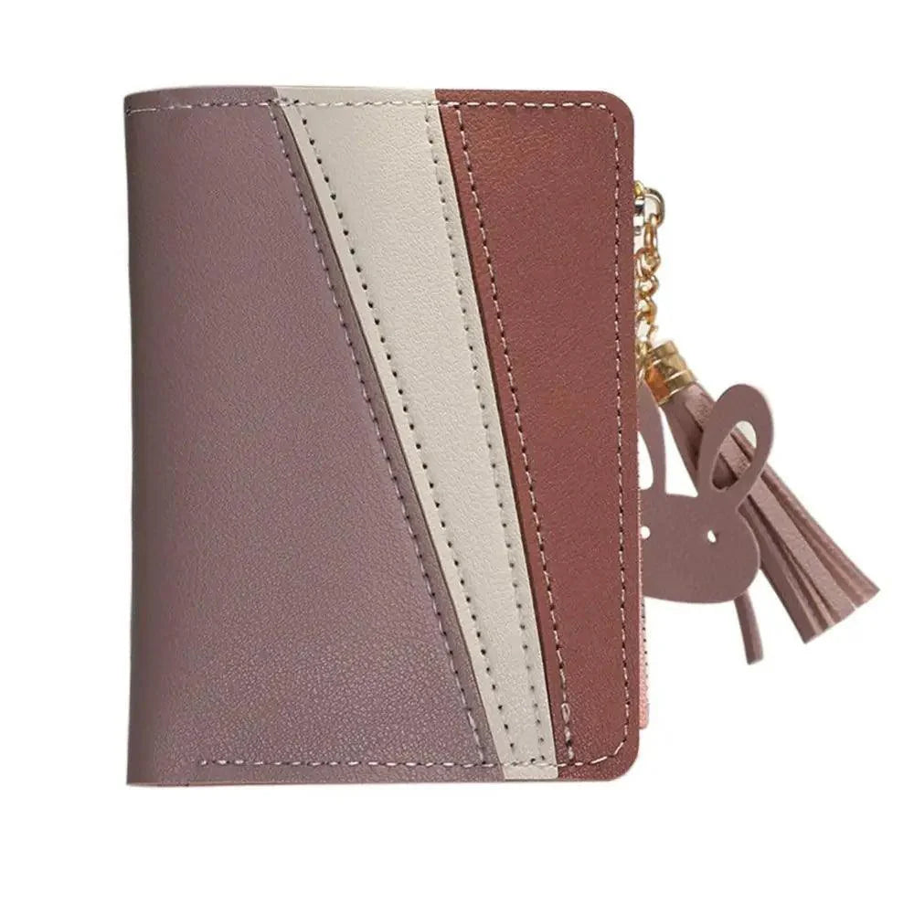 Charmantes Portefeuille court à pampilles contrastées, en cuir PU avec fermeture éclair, porte-cartes, porte-monnaie pendentif, pochette pour cartes et espèces pour femmes et filles