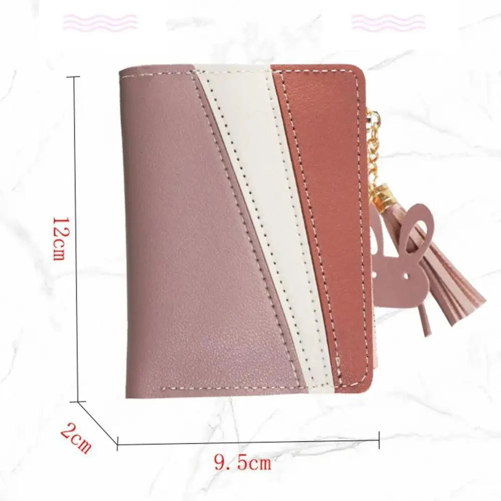Charmantes Portefeuille court à pampilles contrastées, en cuir PU avec fermeture éclair, porte-cartes, porte-monnaie pendentif, pochette pour cartes et espèces pour femmes et filles