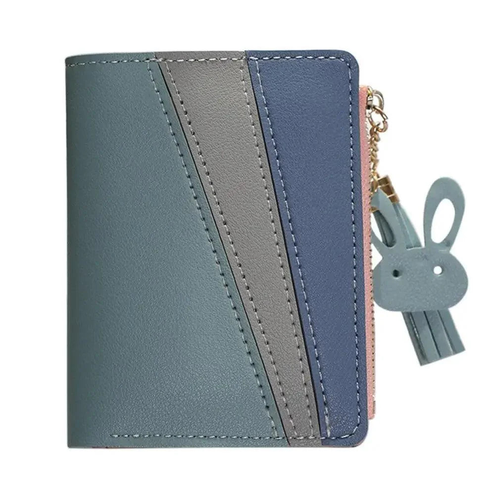 Charmantes Portefeuille court à pampilles contrastées, en cuir PU avec fermeture éclair, porte-cartes, porte-monnaie pendentif, pochette pour cartes et espèces pour femmes et filles