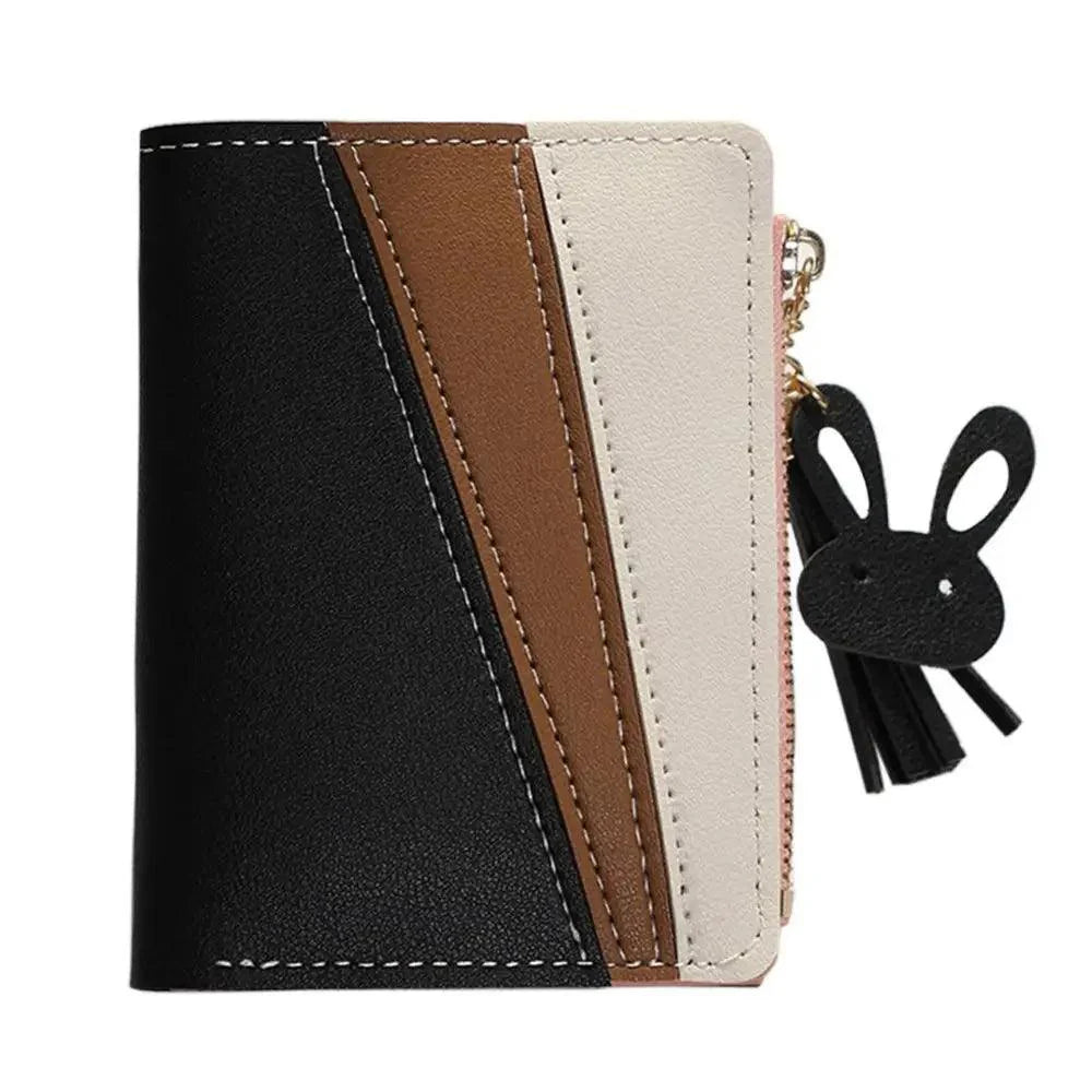 Charmantes Portefeuille court à pampilles contrastées, en cuir PU avec fermeture éclair, porte-cartes, porte-monnaie pendentif, pochette pour cartes et espèces pour femmes et filles
