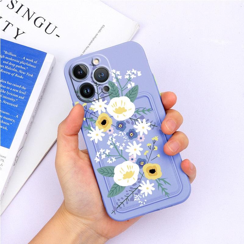 Magnifiques étuis en silicone souple anti-rayures pour iPhone 13 Pro Max. Étui portefeuille en silicone avec porte-cartes pour iPhone 13 Mini, 13ProMax, 13Pro. Étui iPhone avec porte-cartes, motif fleur et papillon.