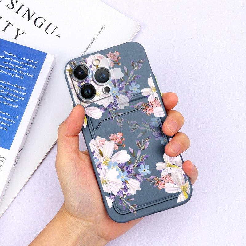 Magnifiques étuis en silicone souple anti-rayures pour iPhone 13 Pro Max. Étui portefeuille en silicone avec porte-cartes pour iPhone 13 Mini, 13ProMax, 13Pro. Étui iPhone avec porte-cartes, motif fleur et papillon.