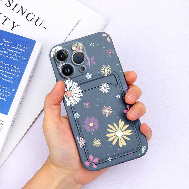 Magnifiques étuis en silicone souple anti-rayures pour iPhone 13 Pro Max. Étui portefeuille en silicone avec porte-cartes pour iPhone 13 Mini, 13ProMax, 13Pro. Étui iPhone avec porte-cartes, motif fleur et papillon.