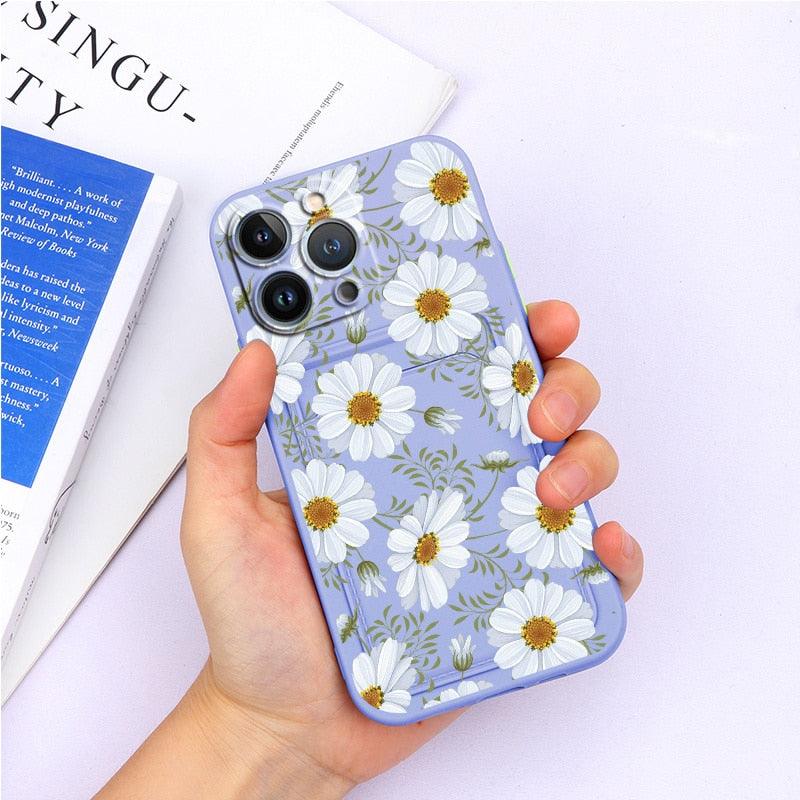 Magnifiques étuis en silicone souple anti-rayures pour iPhone 13 Pro Max. Étui portefeuille en silicone avec porte-cartes pour iPhone 13 Mini, 13ProMax, 13Pro. Étui iPhone avec porte-cartes, motif fleur et papillon.