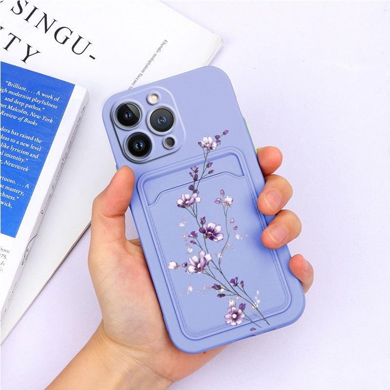 Magnifiques étuis en silicone souple anti-rayures pour iPhone 13 Pro Max. Étui portefeuille en silicone avec porte-cartes pour iPhone 13 Mini, 13ProMax, 13Pro. Étui iPhone avec porte-cartes, motif fleur et papillon.