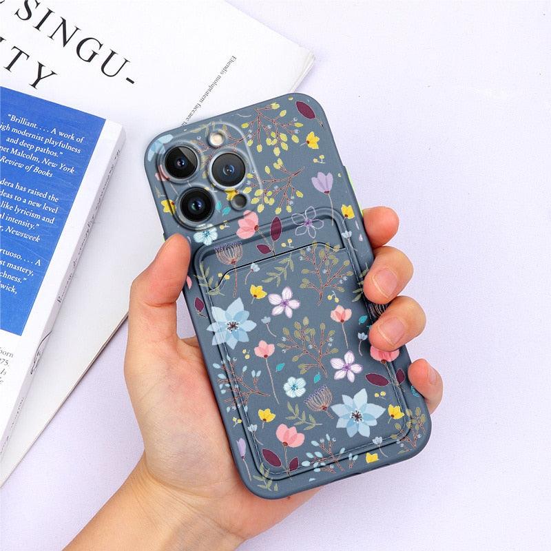 Magnifiques étuis en silicone souple anti-rayures pour iPhone 13 Pro Max. Étui portefeuille en silicone avec porte-cartes pour iPhone 13 Mini, 13ProMax, 13Pro. Étui iPhone avec porte-cartes, motif fleur et papillon.