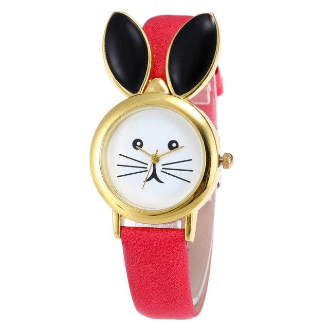 Montres-bracelets décontractées en cuir de lapin mignon pour enfants, montres à quartz pour étudiants avec grand cadran à strass, montres à quartz simples en cuir, montres analogiques ultra-minces pour filles étudiantes.