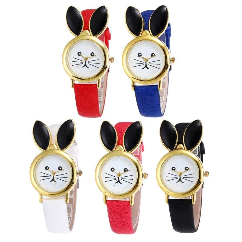 Montres-bracelets décontractées en cuir de lapin mignon pour enfants, montres à quartz pour étudiants avec grand cadran à strass, montres à quartz simples en cuir, montres analogiques ultra-minces pour filles étudiantes.