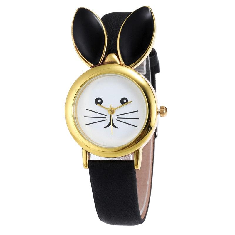 Montres-bracelets décontractées en cuir de lapin mignon pour enfants, montres à quartz pour étudiants avec grand cadran à strass, montres à quartz simples en cuir, montres analogiques ultra-minces pour filles étudiantes.