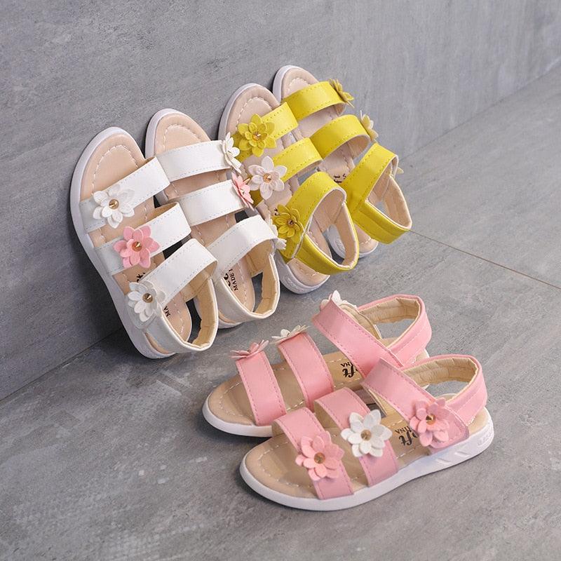 Chaussures pour enfants Sandales d'été Filles Princesse Belles chaussures à fleurs Sandales plates pour enfants Bébé Fille Sandales à lanières pour filles avec fleurs Sandales habillées à bout ouvert Belles sandales de fête en plein air