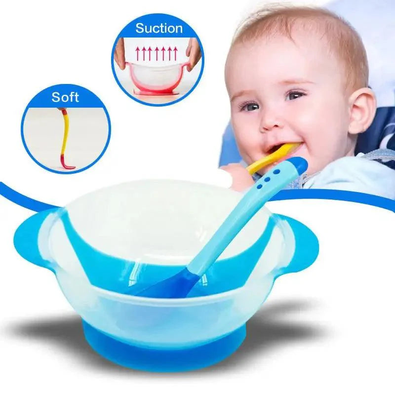 Vaisselle pour enfants Assiettes d'apprentissage pour bébé avec ventouse Bol alimentaire assisté Cuillère à détection de température Bol d'alimentation pour bébé