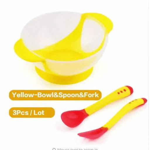 Vaisselle pour enfants Assiettes d'apprentissage pour bébé avec ventouse Bol alimentaire assisté Cuillère à détection de température Bol d'alimentation pour bébé