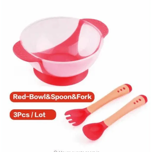 Vaisselle pour enfants Assiettes d'apprentissage pour bébé avec ventouse Bol alimentaire assisté Cuillère à détection de température Bol d'alimentation pour bébé