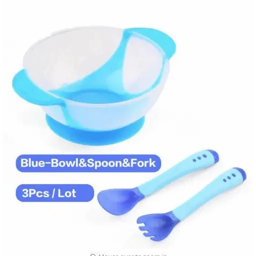 Vaisselle pour enfants Assiettes d'apprentissage pour bébé avec ventouse Bol alimentaire assisté Cuillère à détection de température Bol d'alimentation pour bébé