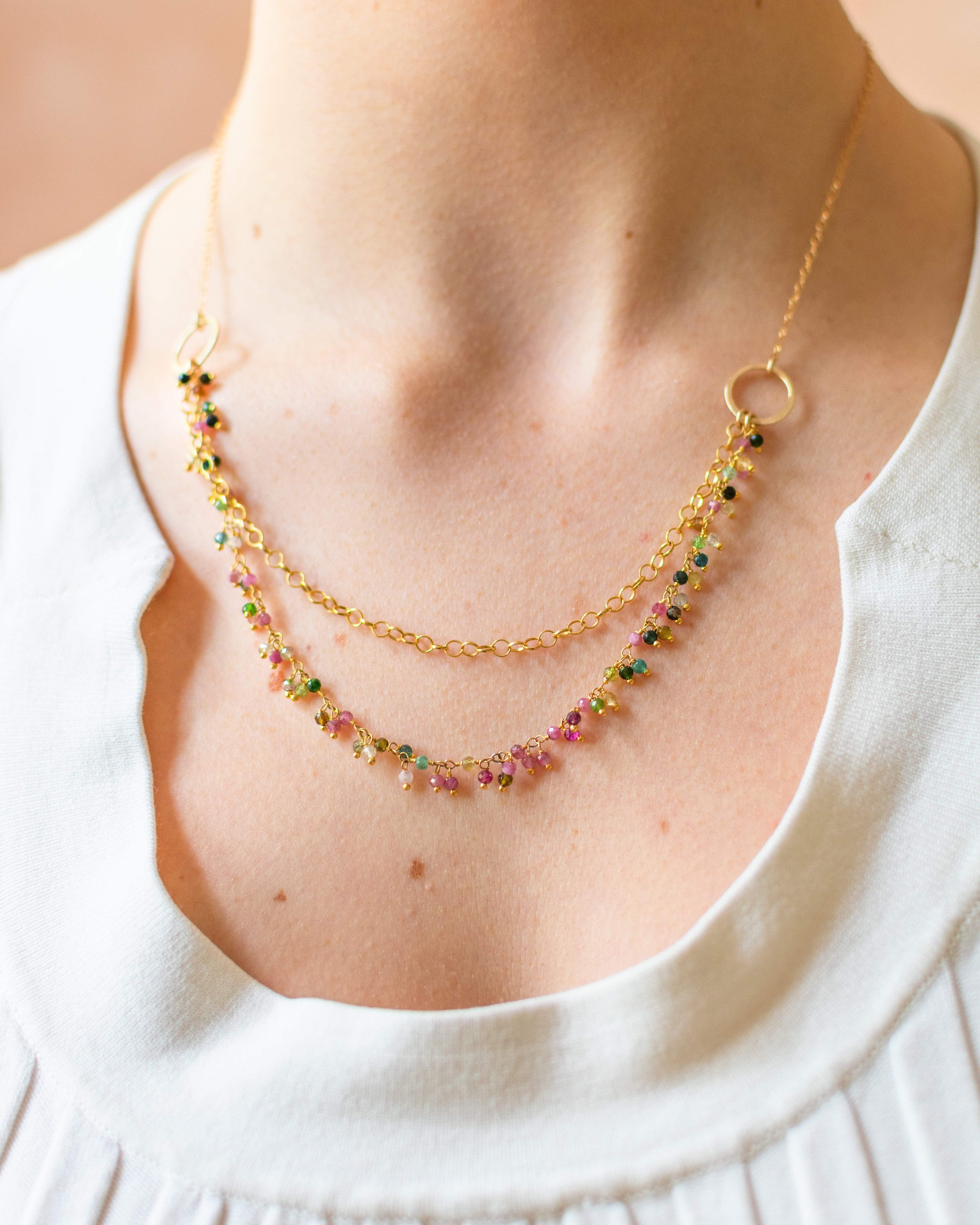 Collier unique en grappe de tourmaline – Collier pendentif plaqué or à double couche – Fait à la main à Raleigh