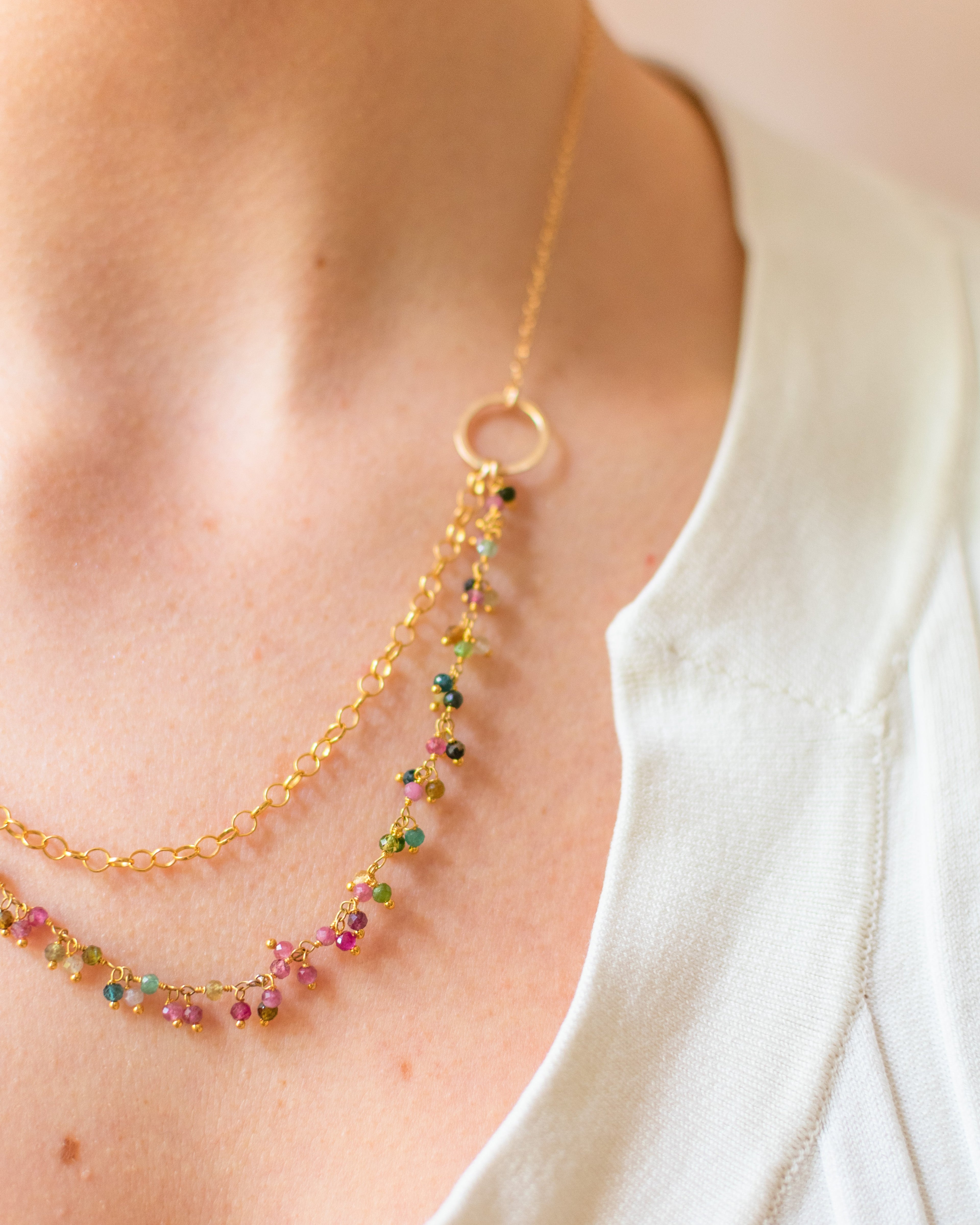 Collier unique en grappe de tourmaline – Collier pendentif plaqué or à double couche – Fait à la main à Raleigh