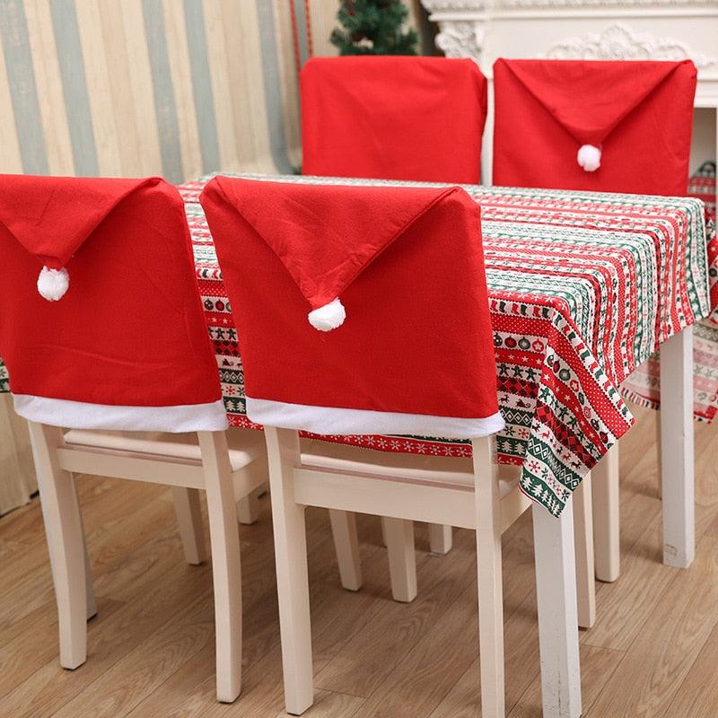 Housses de Chaise de Noël Rouges avec Bonnet de Père Noël Décorations de Chaise Noël Housse de Chaise de Table de Noël en Forme de Bonnet de Père Noël Rouge et Flocon de Neige pour Cuisine Salle à Manger Housses de Chaise pour Décoration de Fête de Noël