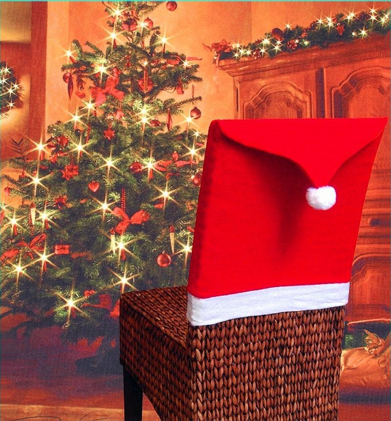 Housses de Chaise de Noël Rouges avec Bonnet de Père Noël Décorations de Chaise Noël Housse de Chaise de Table de Noël en Forme de Bonnet de Père Noël Rouge et Flocon de Neige pour Cuisine Salle à Manger Housses de Chaise pour Décoration de Fête de Noël