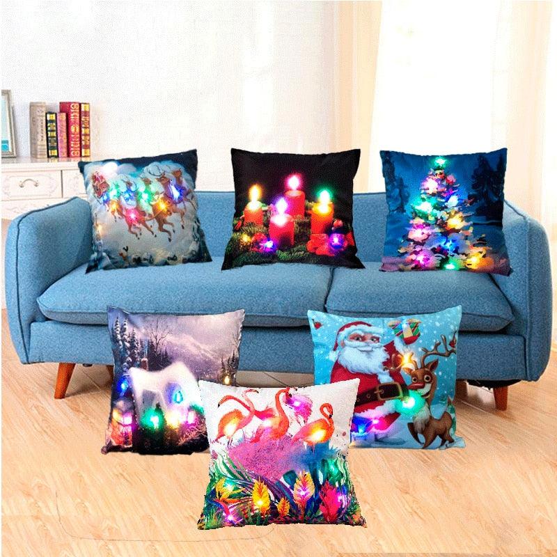 Housse de coussin de Noël LED Housse de coussin lumineuse Housse de coussin de canapé de Noël rustique Décorations de Noël Housse de coussin d'hiver lumineuse Housse de coussins doux Housse de coussin Père Noël 45x45CM