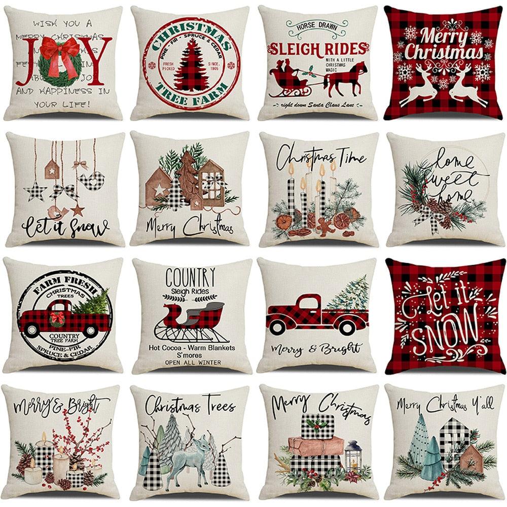 Housse de coussin de Noël, housse de coussin décorative de Noël, décorations d'hiver, coussins de vacances, housse de coussin imprimée bougie, sapin, cerf, traîneau, Noël 45X45CM