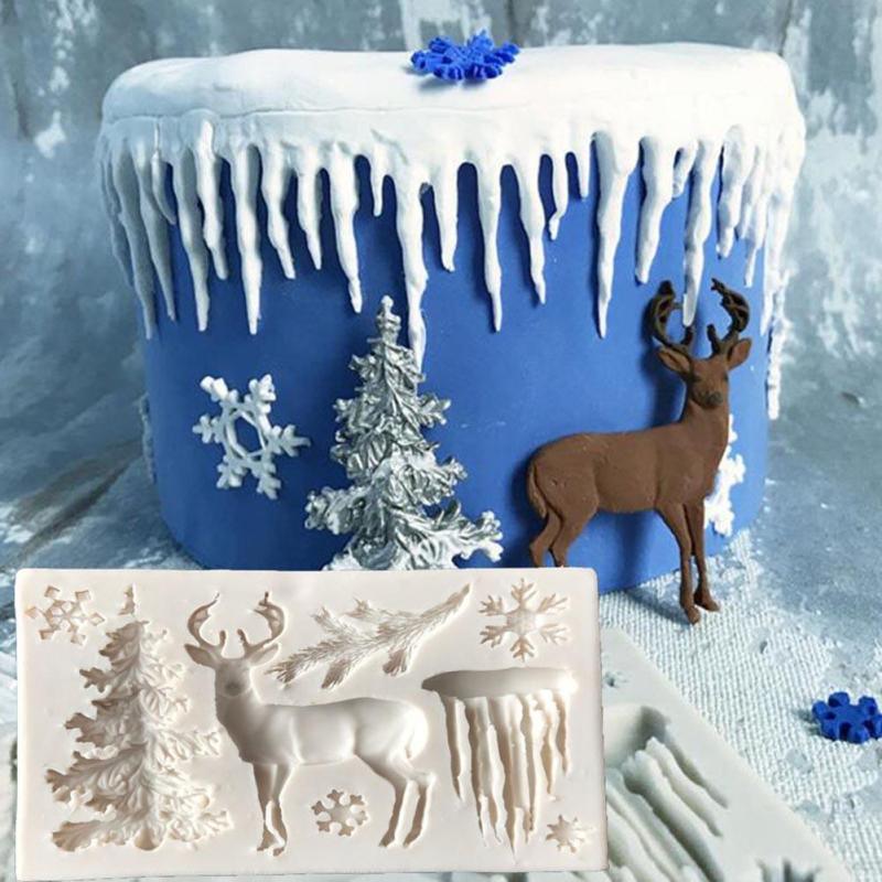 Moule en silicone Cerf de Noël Flocon de neige Bonbons Chocolat Moules Outils de décoration de gâteaux Moules de cuisson de cuisine Moule en silicone sur le thème de Noël Flocon de neige Arbre Cerf Dessert Moule à glaçons Bonbons Chocolat