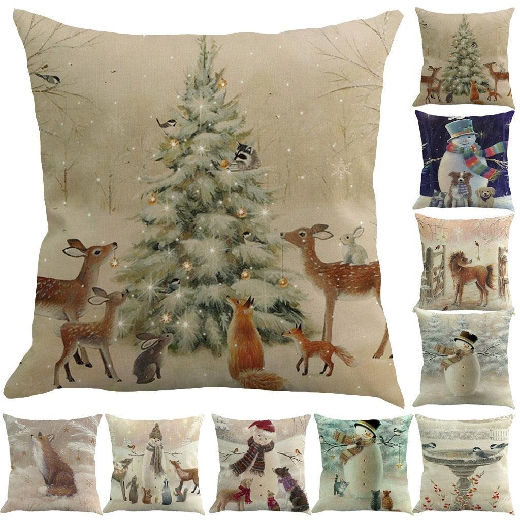 Housses de coussin de Noël pour canapé-lit, décoration d'intérieur, taies d'oreiller décoratives de Noël, en coton et lin, motif bonhomme de neige, loup et cerf pour la maison