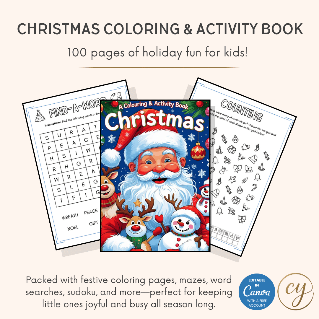 Livre de coloriage et d'activités de Noël pour enfants – Modèle Canva de 100 pages pour un plaisir des fêtes à imprimer