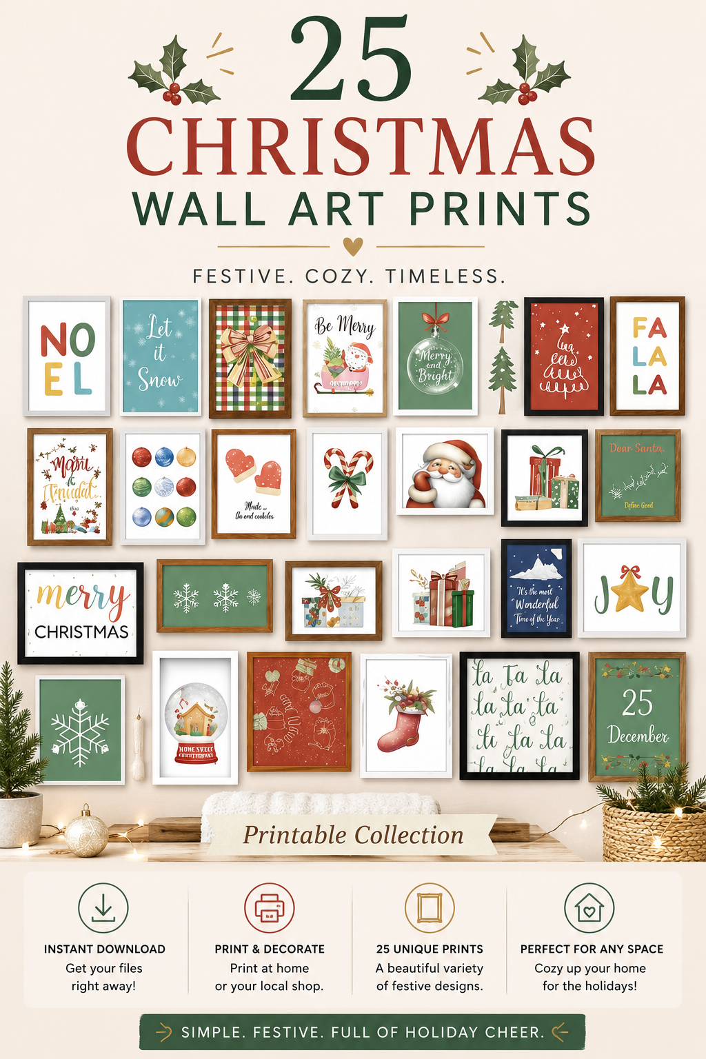25 impressions d'art mural de Noël – Ensemble de cadres de vacances à imprimer – Téléchargement instantané PDF – Lot de décorations festives pour la maison