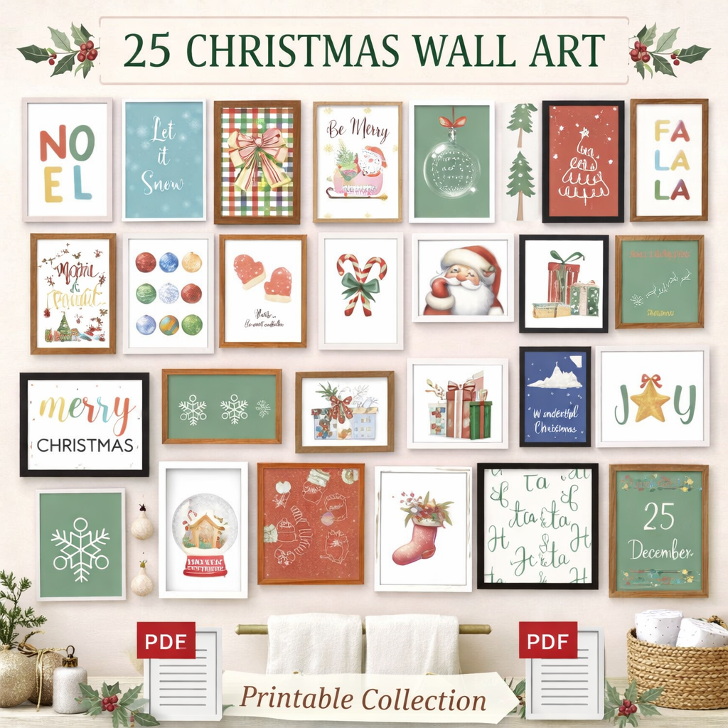 25 impressions d'art mural de Noël – Ensemble de cadres de vacances à imprimer – Téléchargement instantané PDF – Lot de décorations festives pour la maison