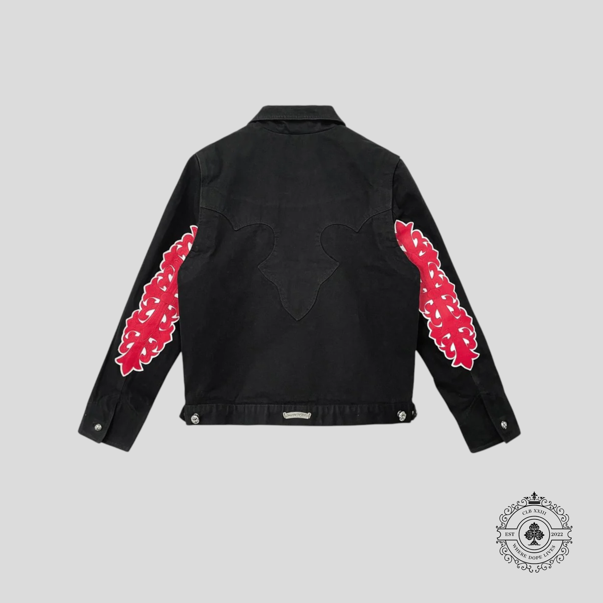 Veste en jean noire Chrome Hearts à écusson floral