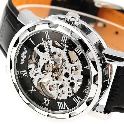 Montre-bracelet militaire squelette mécanique de sport en cuir noir classique pour homme