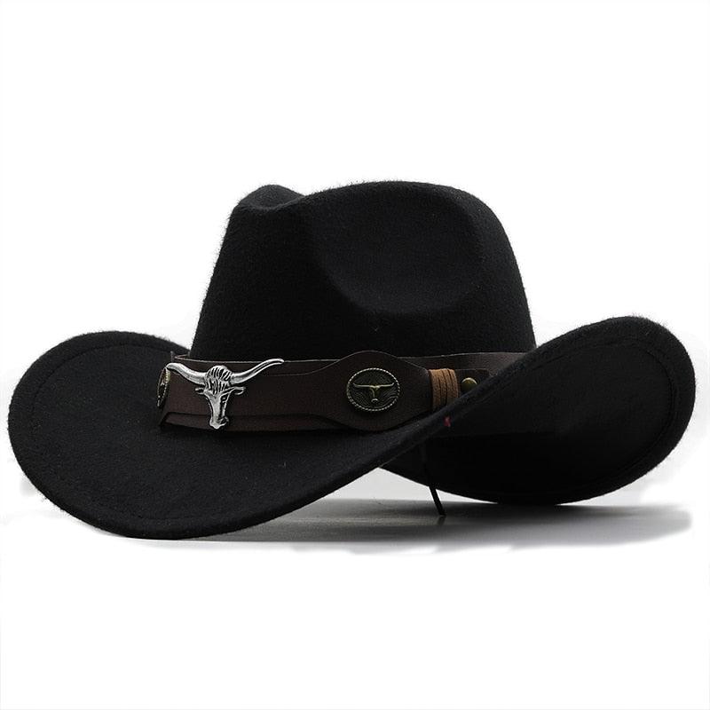 Chapeau de cowboy occidental classique simple en laine pour femmes et hommes Chapeau de cowboy occidental unisexe pour femmes et hommes Chapeau à large bord pour gentleman Chapeaux de cowgirl pour papa Chapeaux de cowgirl avec large ceinture