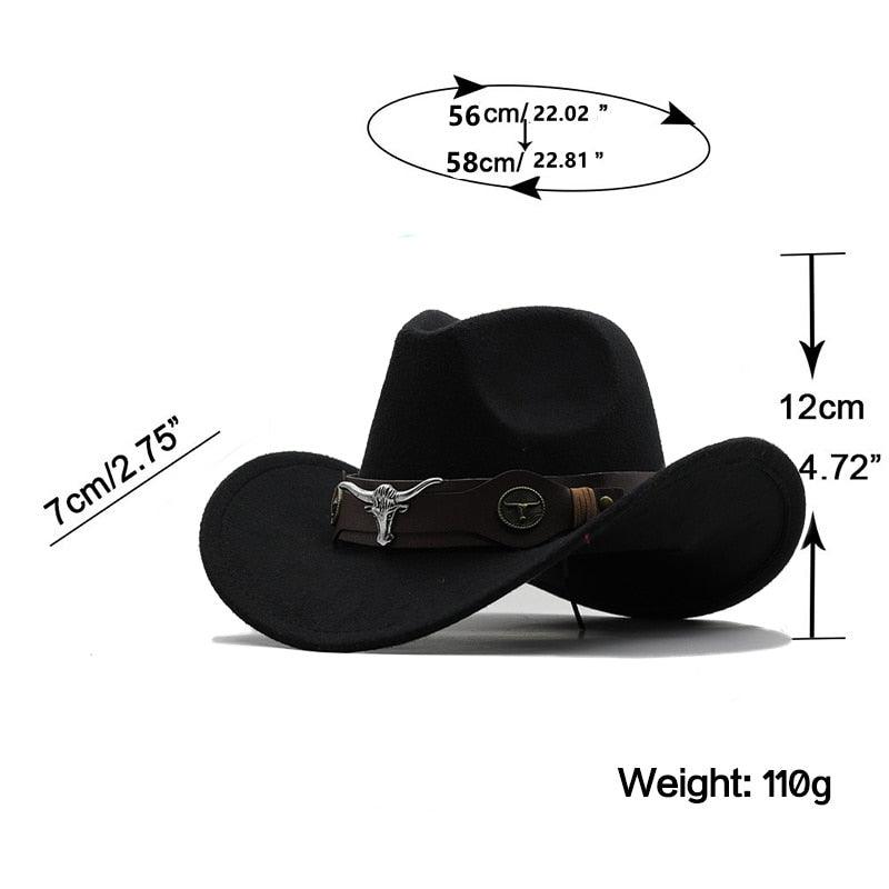 Chapeau de cowboy occidental classique simple en laine pour femmes et hommes Chapeau de cowboy occidental unisexe pour femmes et hommes Chapeau à large bord pour gentleman Chapeaux de cowgirl pour papa Chapeaux de cowgirl avec large ceinture