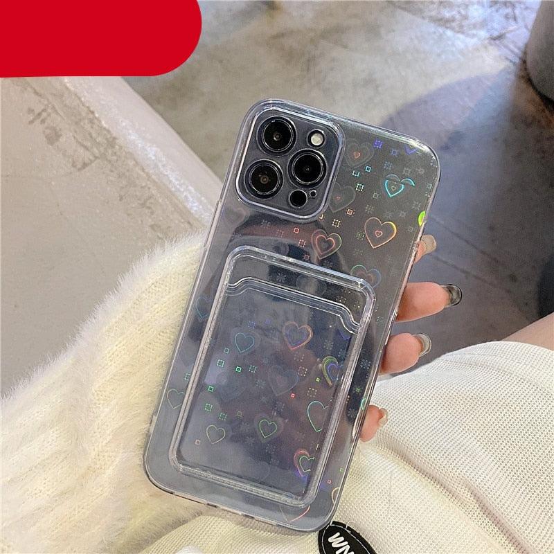 Coque transparente holographique mignonne avec motif cœur et porte-cartes, coque souple transparente à dégradé d'amour pour iPhone 14 13 11 12 Pro Max Mini X XS XR 7 8 Plus, étui portefeuille avec porte-cartes