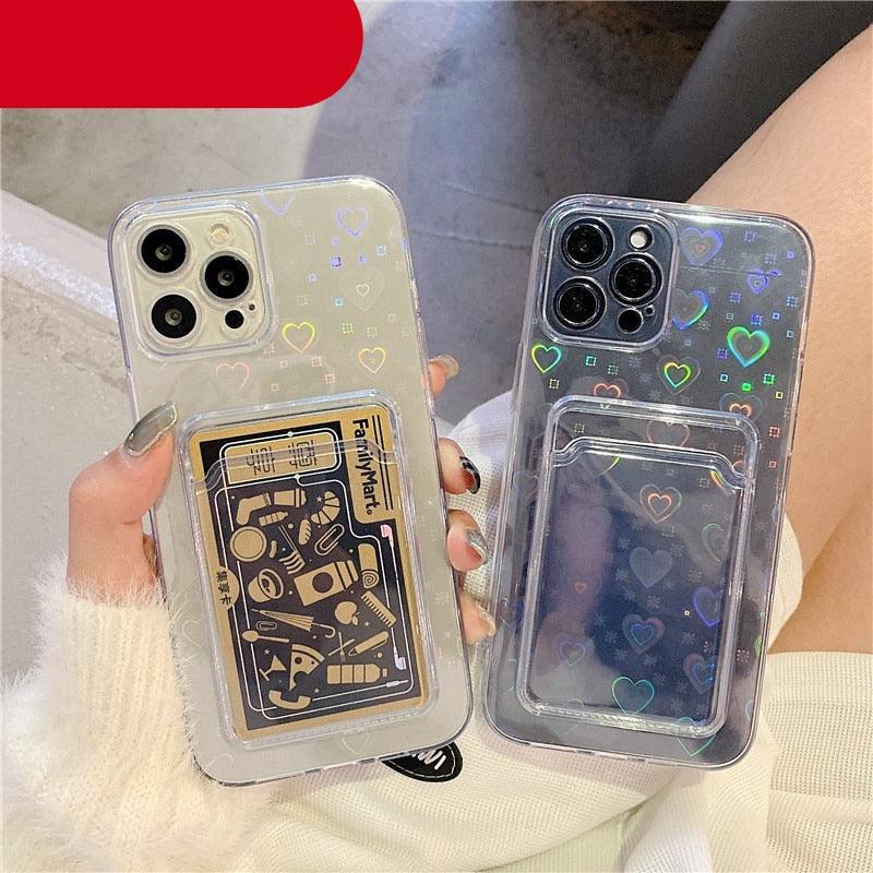 Coque transparente holographique mignonne avec motif cœur et porte-cartes, coque souple transparente à dégradé d'amour pour iPhone 14 13 11 12 Pro Max Mini X XS XR 7 8 Plus, étui portefeuille avec porte-cartes